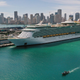 An aerial view from a drone shows Royal Caribbean’s Navigator of the Sea cruise ship docked at Port Miami on March 2, 2021 in Miami, Florida.